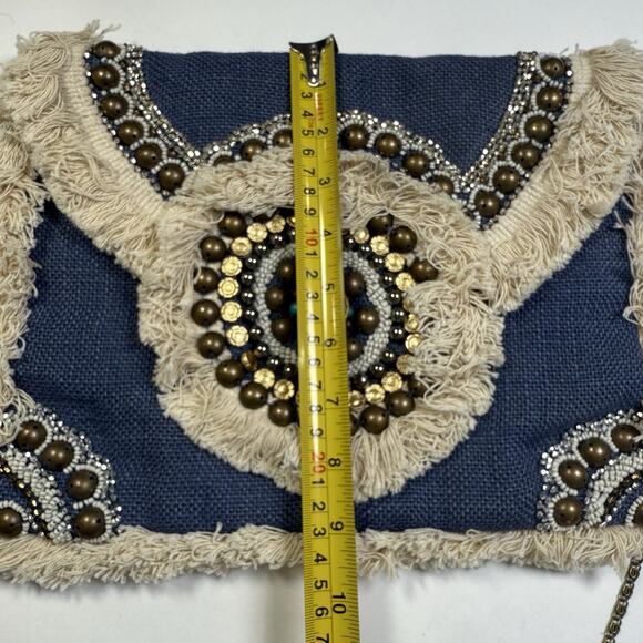 La Bellum Hillary Scott Jute Fringe Beaded Boho Envelope Crossbody Purse Bag Blu - Picture 5 of 11